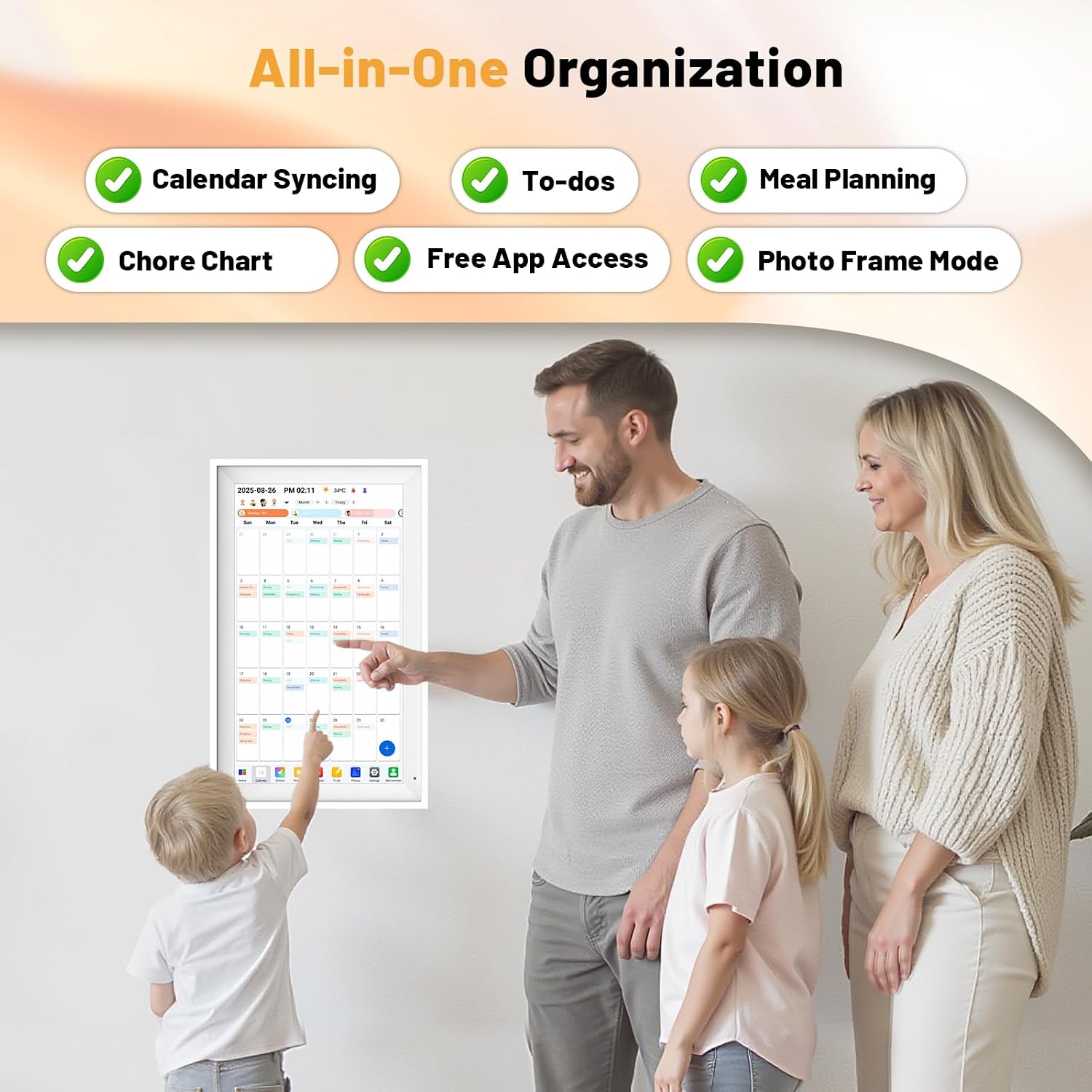 Digital Calendar 15.6' Smart Calendar&Chore Chart, 1920 * 1080 Interactive Touchscreen Electronic Calendar for Family Schedules, 64GB Wifi Meal Planner, Wall&Desk Mountable Calendar-White