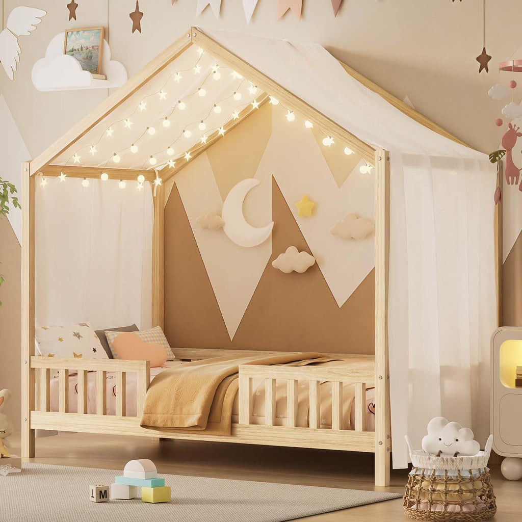 Cute Montessori Bed Frame Twin Size with Canopy, Low Profile House Shape Bed with Safety Railing & Wood Slat Support, Kids Playhouse Bedframes for Boys Girls (Natural, Twin)