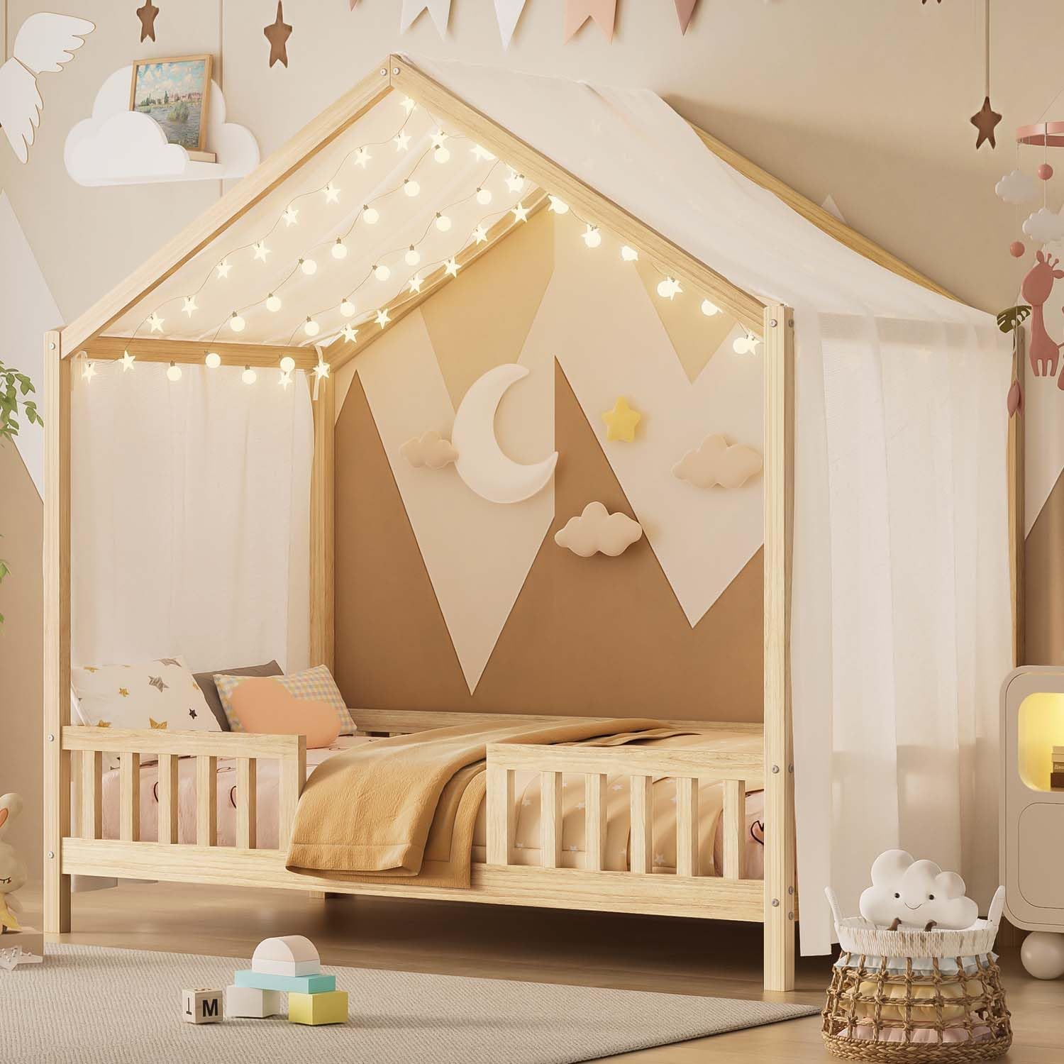 Cute Montessori Bed Frame Twin Size with Canopy, Low Profile House Shape Bed with Safety Railing & Wood Slat Support, Kids Playhouse Bedframes for Boys Girls (Natural, Twin)