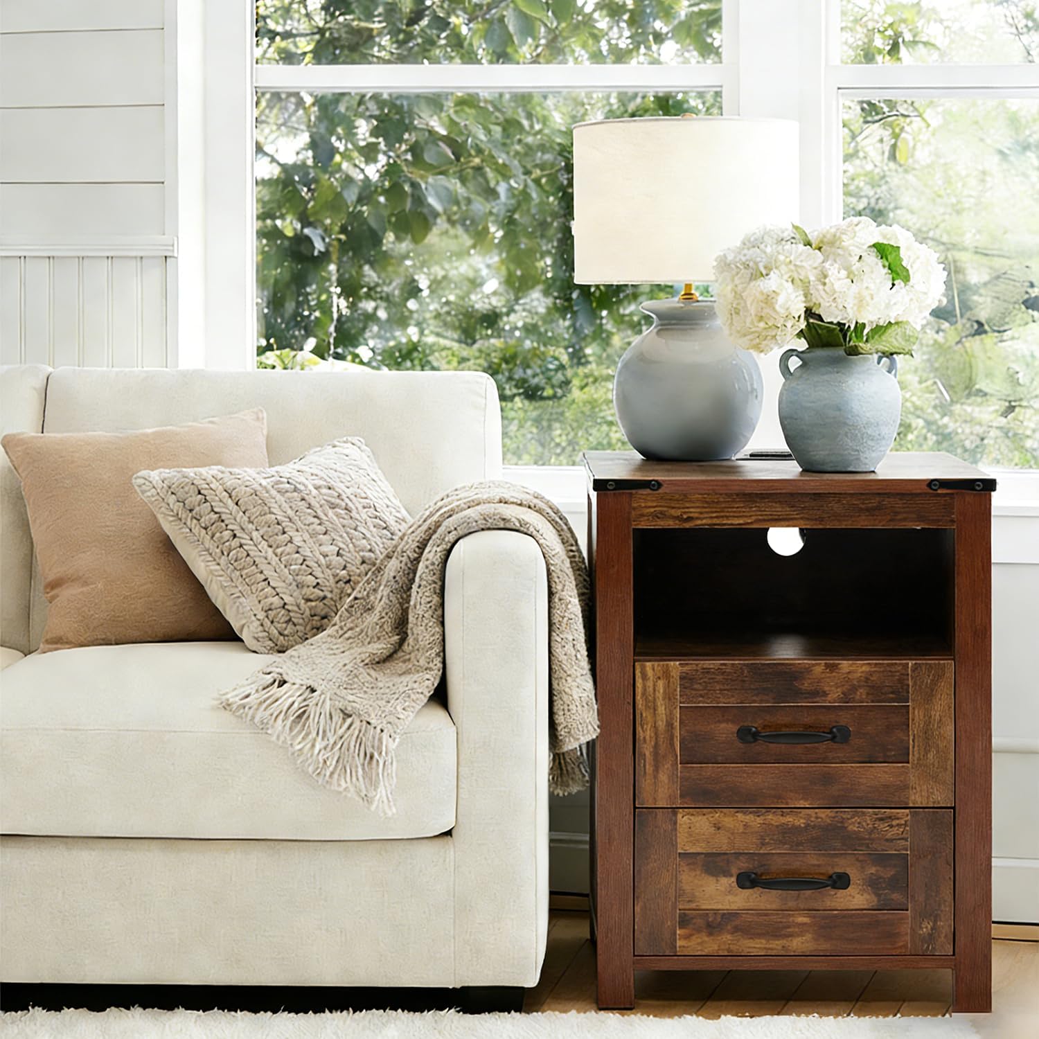 Farmhouse Night Stand Set of 2, Rustic Brown Nightstand for Bedroom, End Tables with Charging Station, Bedside Table with Drawers, Wood Bedside Cabinet Dresser