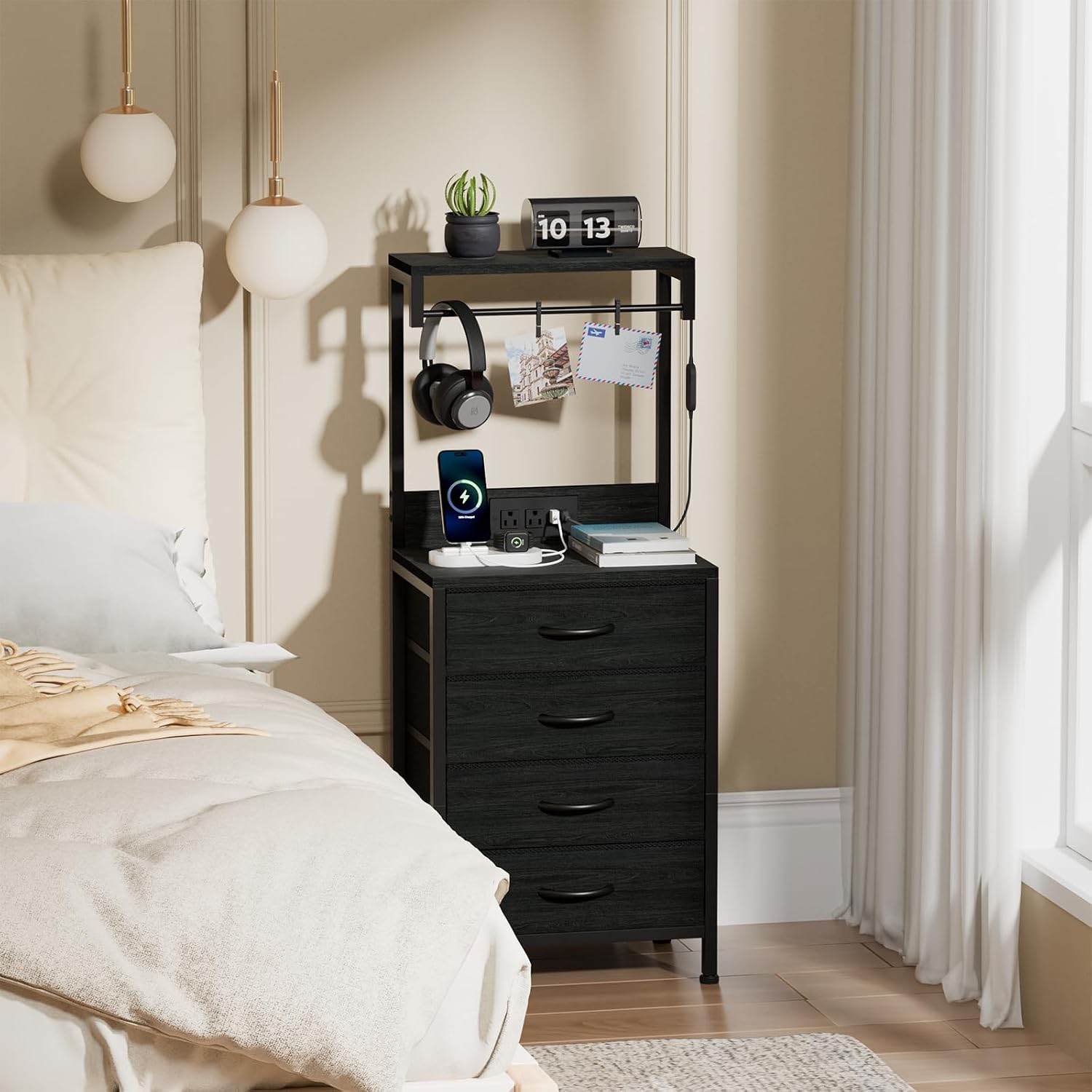 Furnulem Night Stand Set 2, Tall Nightstand with Charging Station and LED Lights, Bedside Tables with 4 Fabric Drawers and Storage Shelves, Black Nightstand Set of 2 for Bedroom (Black Oak)