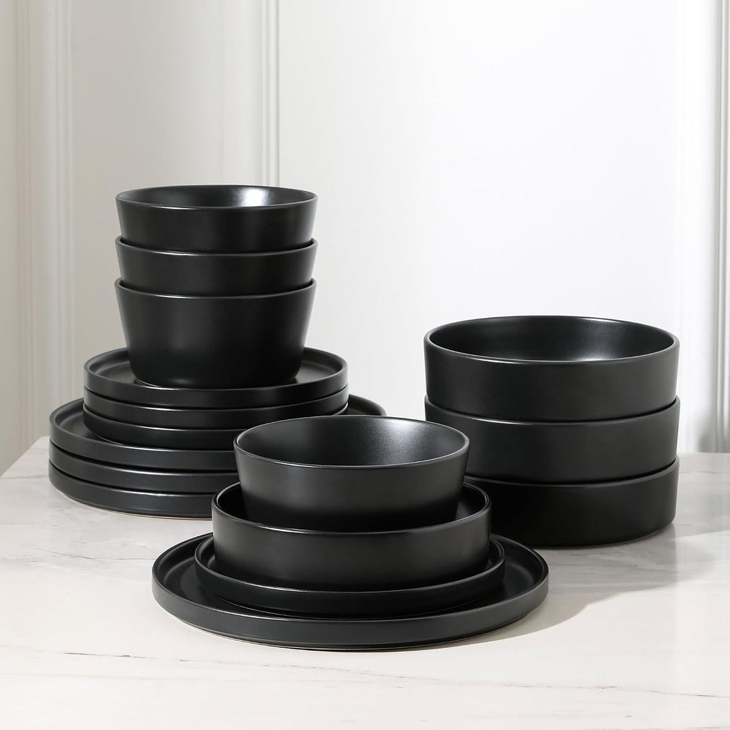 Stone Lain Celina Modern Stoneware 32-Piece Dinnerware Set, Cereal and Dinner Bowls, Dinner and Salad Plates, Plates and Bowl Set, Dish set for 8, Black