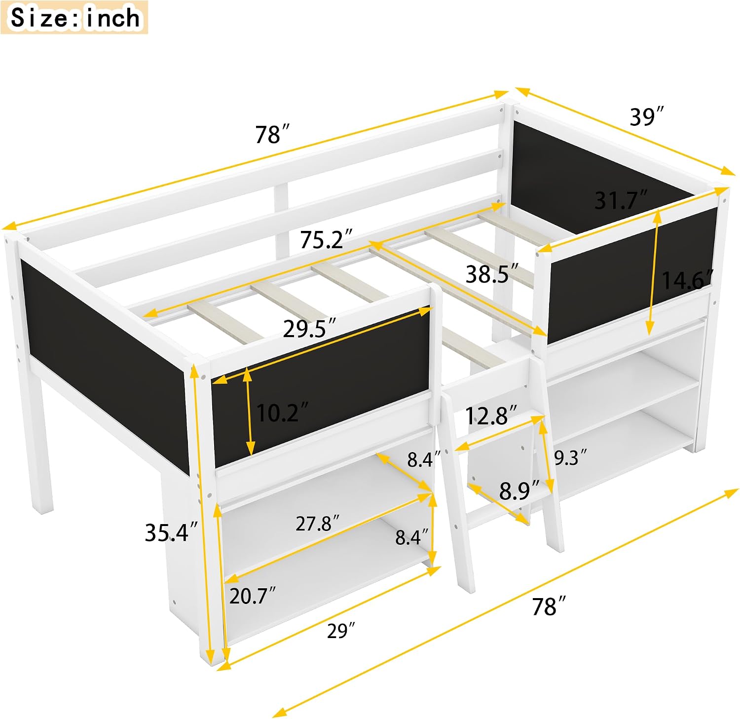 JIVOIT Twin Size Low Loft Bed with Decorative Guardrail Chalkboard, Wooden Loft Bed Frame with Two Movable Shelves and Ladder, Space Saving Design for Kids Teens Bedroom (White & 4 Chalkboard)
