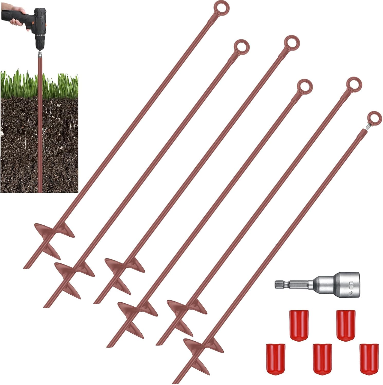 Lasnten 6 Pcs 30 Inch Long Spiral Ground Anchor Heavy Duty Blade Earth Anchor Kit Metal Anchors Hook Beach Sand Stakes Camping for Securing Animals, Shelters, Tents, Canopies (Brown)