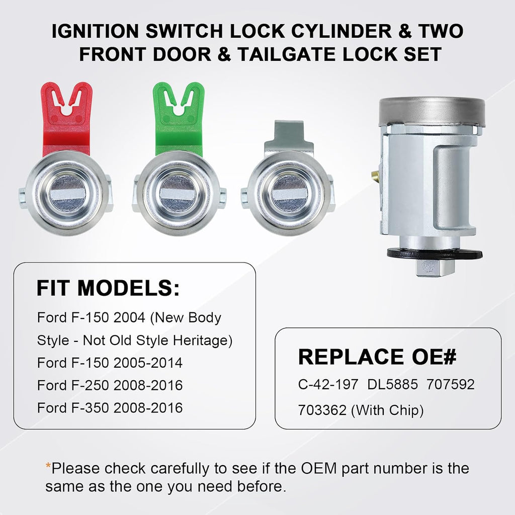 for Ford F150 2004-2014, F250 2008-2016, F350 2008-2016 Ignition Switch Lock Cylinder & Door Lock Cylinders & Pickup Tailgate with Lock Pawl Lever Set W/2 PATS Keys Replace# 924-717+DL5885(with Chip)