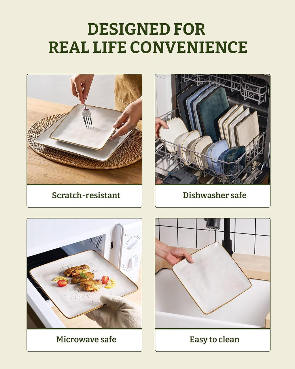 Famiware Dinnerware Sets for 8, Ocean Square 24-Piece Kitchen Plates and Bowls Sets, Microwave and Dishwasher Safe, Scratch Resistant, Cappuccino White
