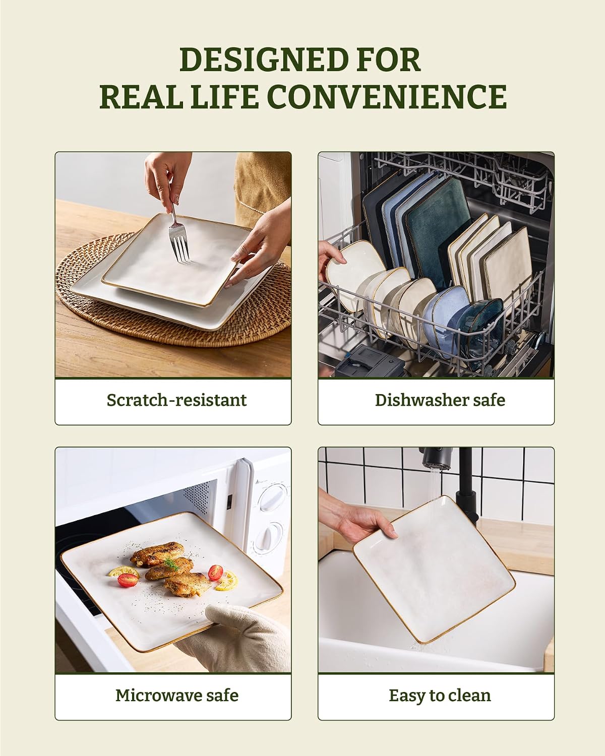 Famiware Dinnerware Sets for 8, Ocean Square 24-Piece Kitchen Plates and Bowls Sets, Microwave and Dishwasher Safe, Scratch Resistant, Cappuccino White