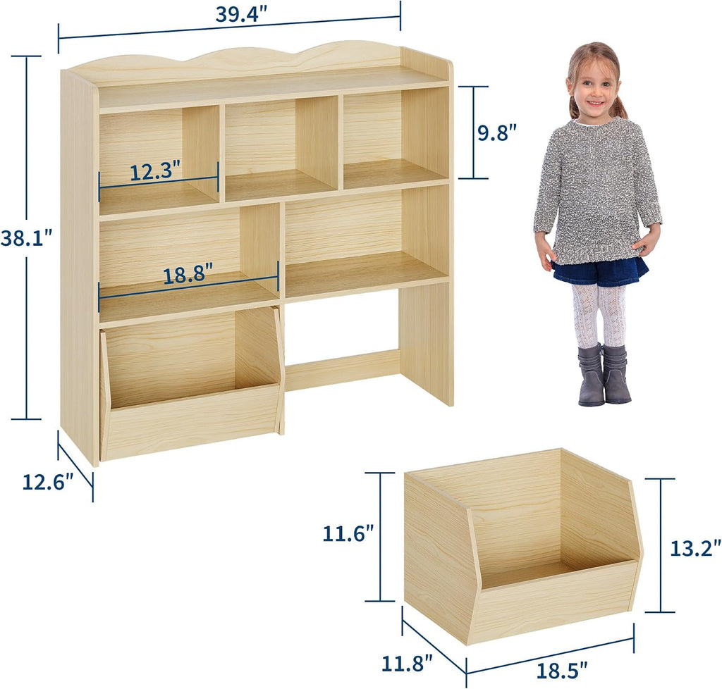 IDEALHOUSE Toy Storage Organizer with Movable Drawers, Kids Bookshelf with Hidden Wheels and 5 Open Cubbies, Multifunctional Storage Cabinet Chest for Playroom