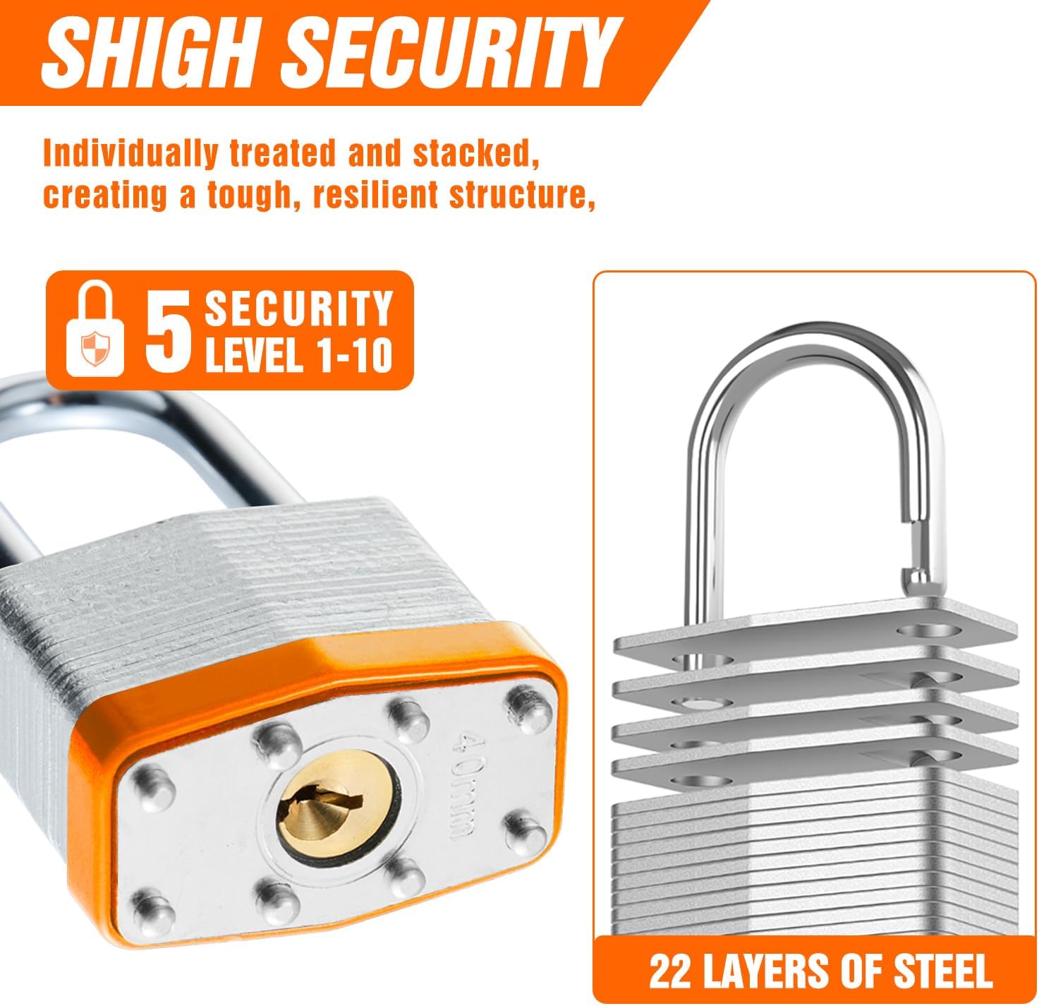 48Pcs Padlocks with Same Keys,Laminated Steel Orange Silver(1-9/16',40mm),Long Shackle for Sheds,Gates,Fences,Toolbox,Outdoor and Indoor Use