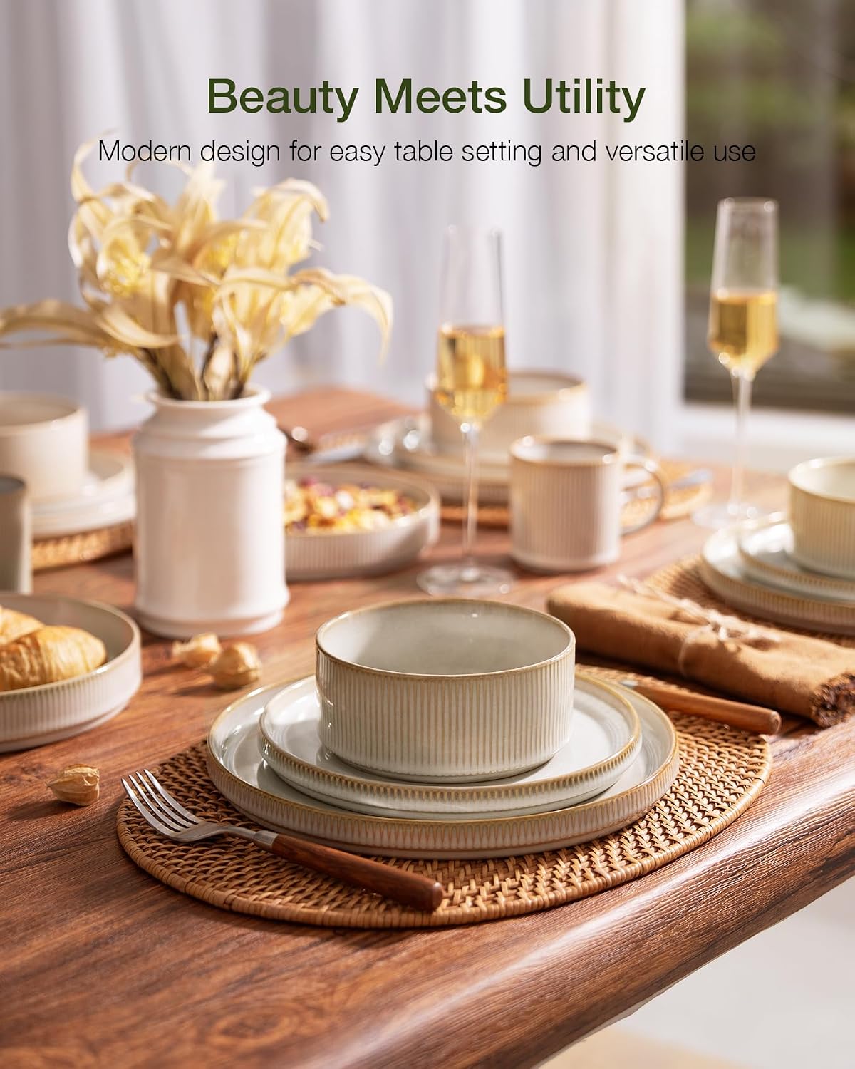 Famiware Star Dinnerware Set with Pasta Bowls, Service for 6 (24 Pieces), Ribbed Stoneware Plates and Double Bowls Sets - Chip & Scratch Resistant, Microwave & Dishwasher Safe Dishes, Cappuccino White