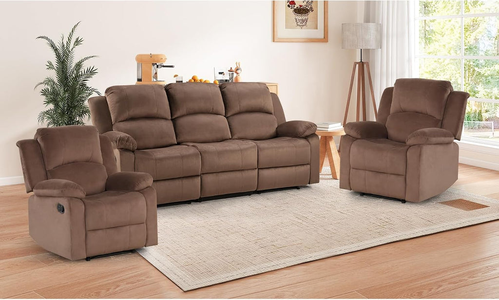 EBELLO Manual Recliner Sofa Set, Modern Microfiber Reclining Couch Furniture Set for Living Room, Includes 2 Recliner Chair and 1 3-Seater Reclining Couch for Home Theater and Office, Brown