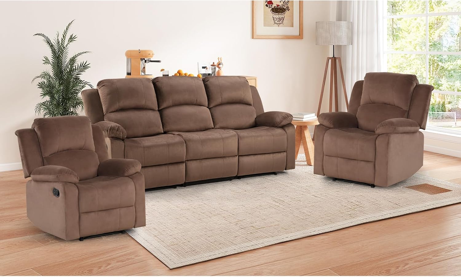 EBELLO Manual Recliner Sofa Set, Modern Microfiber Reclining Couch Furniture Set for Living Room, Includes 2 Recliner Chair and 1 3-Seater Reclining Couch for Home Theater and Office, Brown