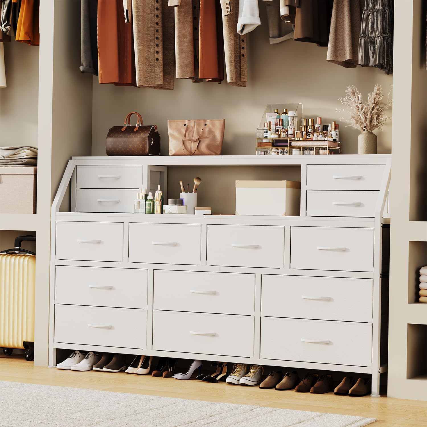 Dresser for Bedroom, 55' TV Stand with 14 Drawers, Long Dresser & Chests of Drawers with Shelves & Sturdy Metal Frame & Wood Top (White)