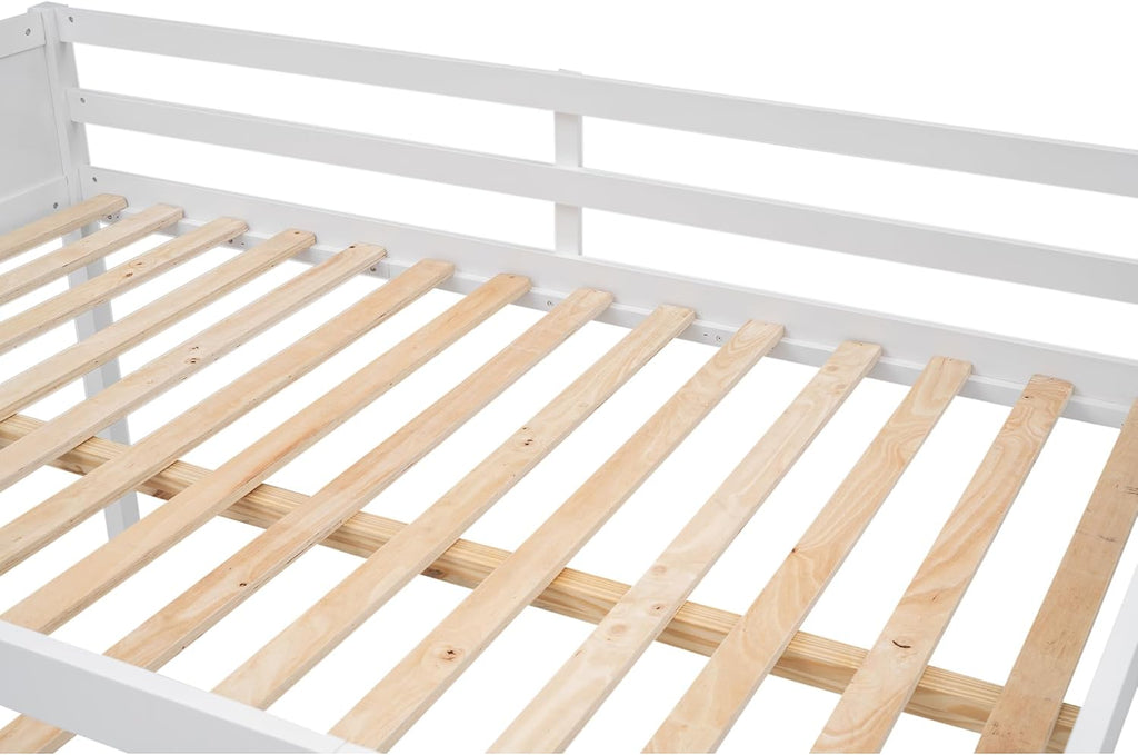 Full Size Loft Bed, Wood Loft Bed with Convertible Ladder, Ladder can be Placed on the Left or Right, Low Loft Bed with Full-Length Guardrails, No Box Spring Required (White,Full & Convertible Ladder)
