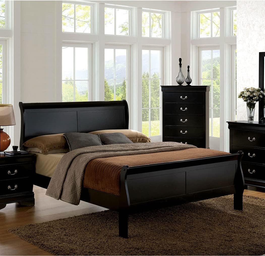 Sleigh Design Transitional Contemporary Louis Philippe 1pc Bed Set Master Bedroom Furniture Black Color Solid Wood (Full)