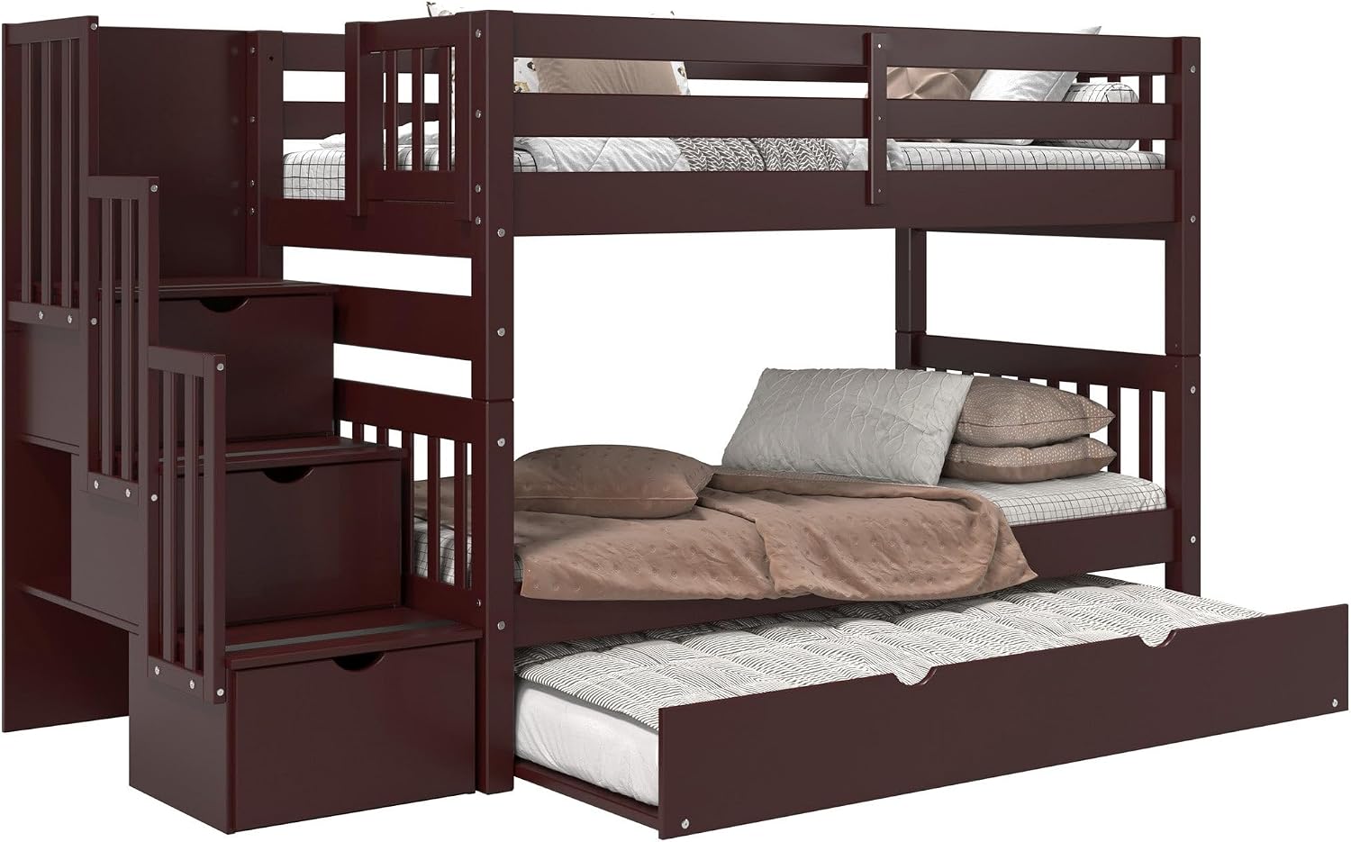 Bedz King Stairway Bunk Beds Twin Over Twin, 3 Step Drawers and a Twin Trundle, Dark Cherry