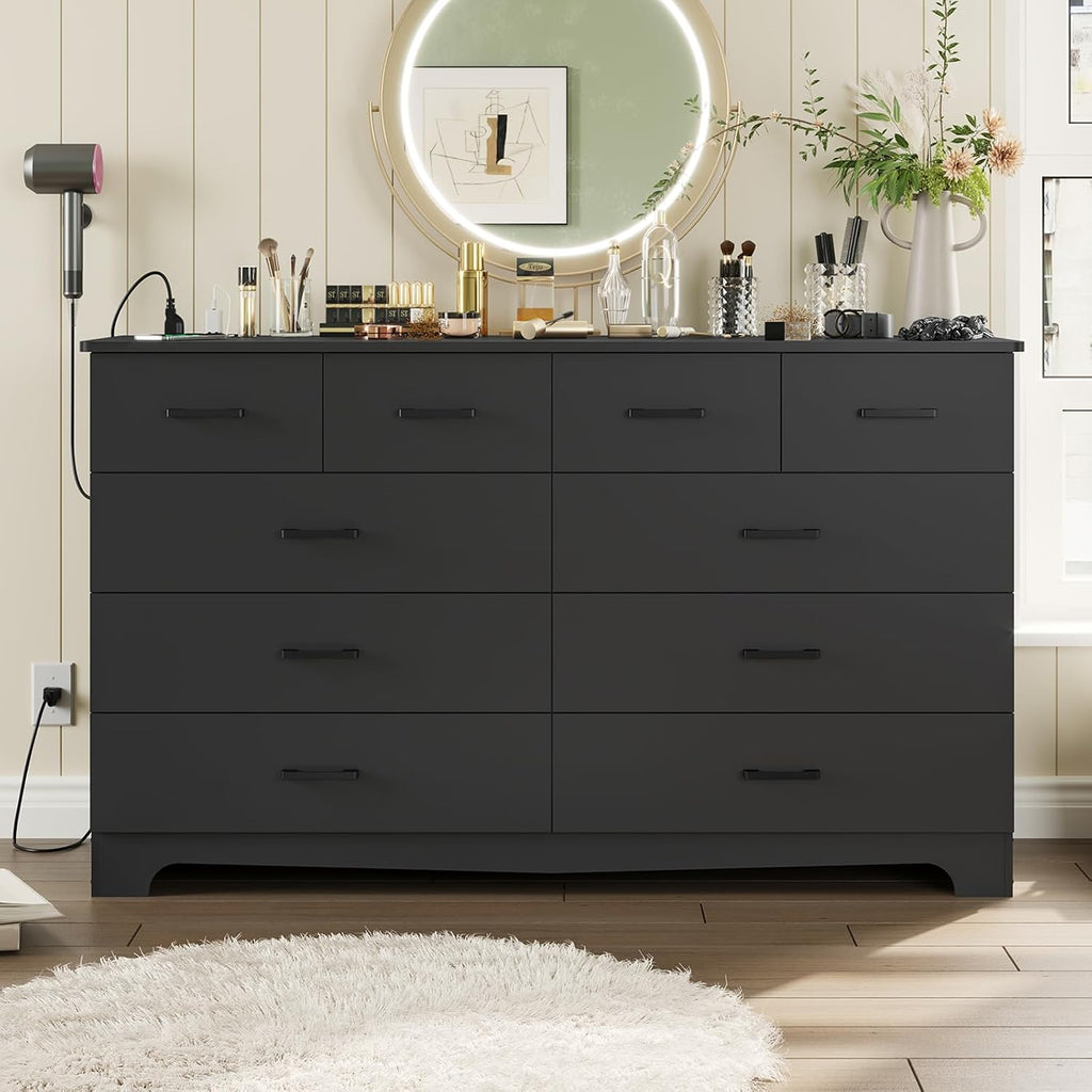 DICTAC Black Dresser for Bedroom with 10 Drawers, Large Chest of Drawers Storage Organizer, Long Dresser TV Stand with Power Outlets, Wide Dressers for Bedroom, Living Room 55.1' W x 32.3' H x 15.8' D