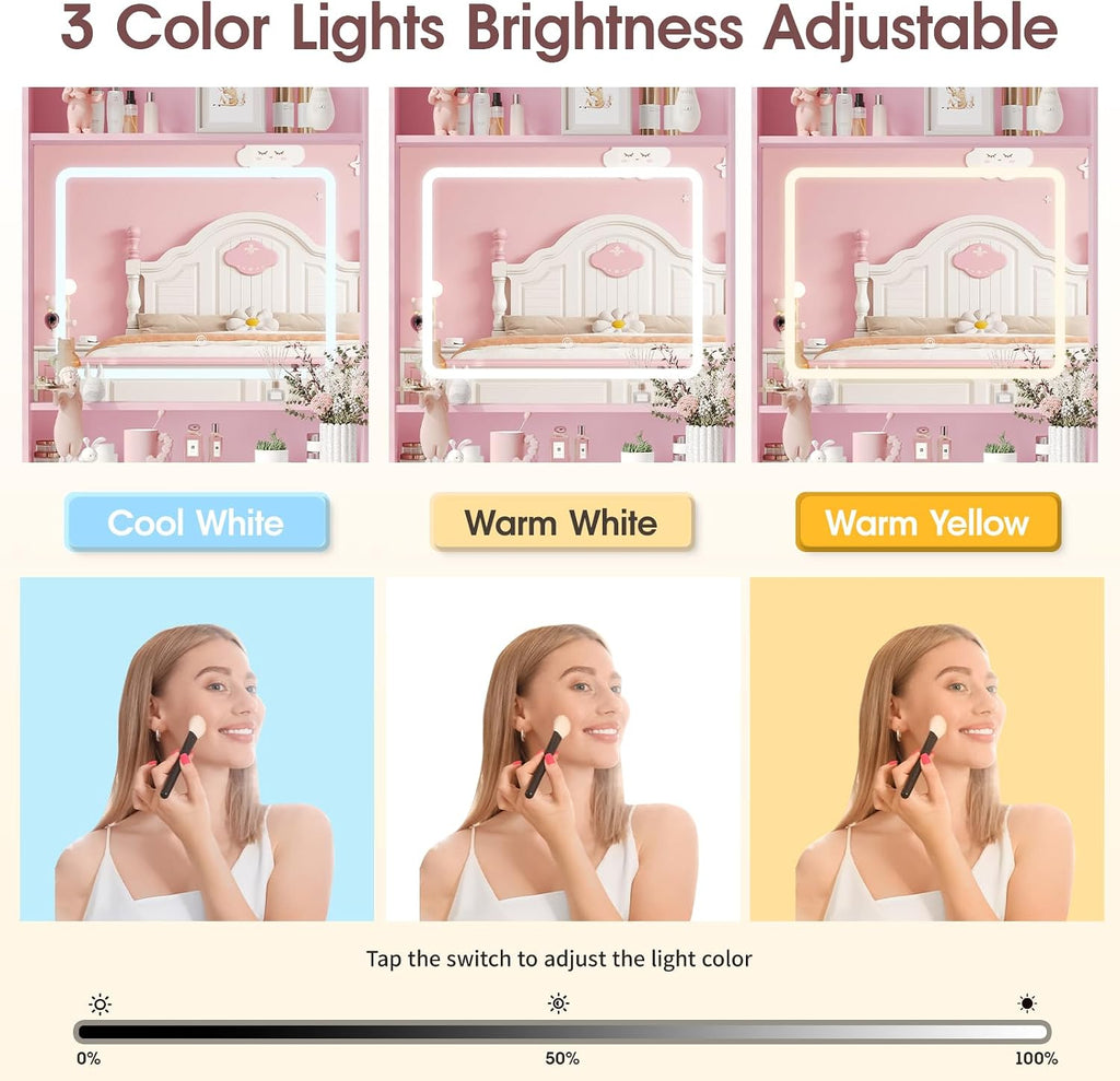 Vabches Small Vanity Desk Set with 3 Adjustable Lighted Mirror and Storage Chair, Vanity Set with Charger Station, Small Spaces Vanity Table for Bedroom，Pink