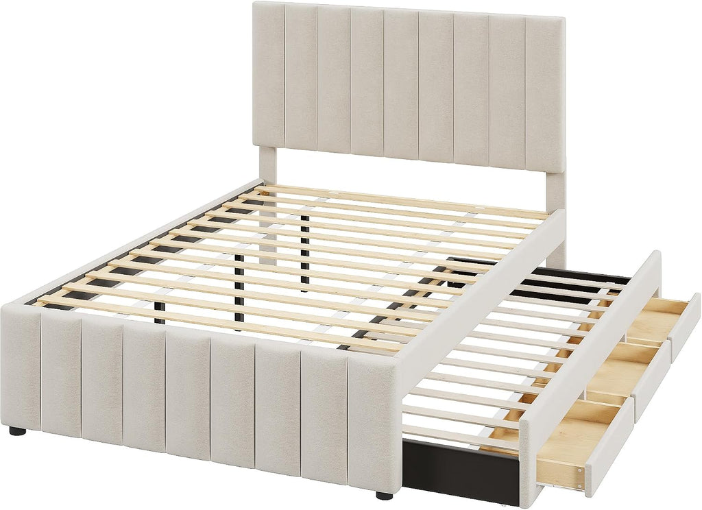 VilroCaz Full Size Upholstered Platform Bed with Trundle and 3 Drawers, Linen Fabric Platform Bed Frame with Stripe Headboard, No Box Spring Needed, Space Savings (Beige-6.16)