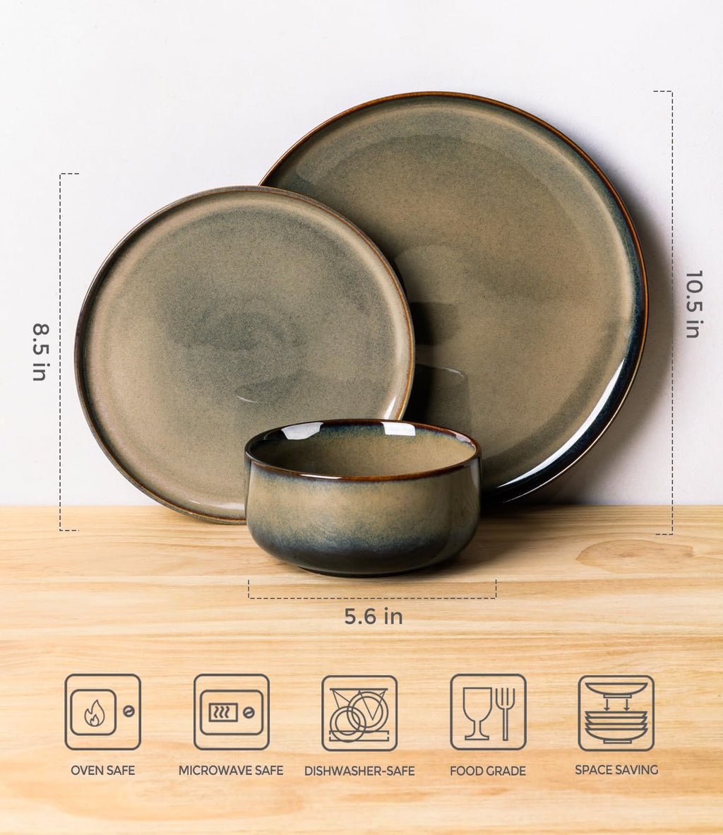 TheTerra Ceramic Dinnerware Sets for 8, 24 Pieces Handmade Reactive Glaze Plates and Bowls Set, Scratch Resistant Dish Set, Oven & Microwave & Dishwasher Safe, Coca Mocha