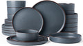 Famiware Nebula Ridge Stoneware Dinnerware Sets with Pasta Bowls, Plates and Bowls Sets, Service for 6 (24 Pieces), Microwave and Dishwasher Safe Kitchen Plates, Charcoal