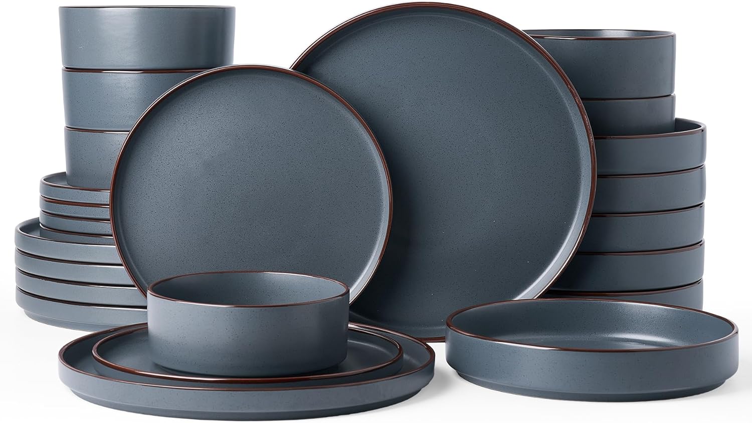 Famiware Nebula Ridge Stoneware Dinnerware Sets with Pasta Bowls, Plates and Bowls Sets, Service for 6 (24 Pieces), Microwave and Dishwasher Safe Kitchen Plates, Charcoal