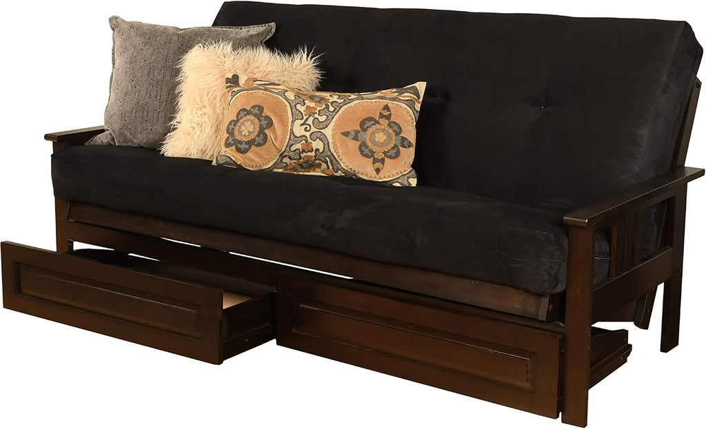 Kodiak Furniture Monterey Futon Set with Storage Drawers, with Espresso Base and Suede Black Mattress