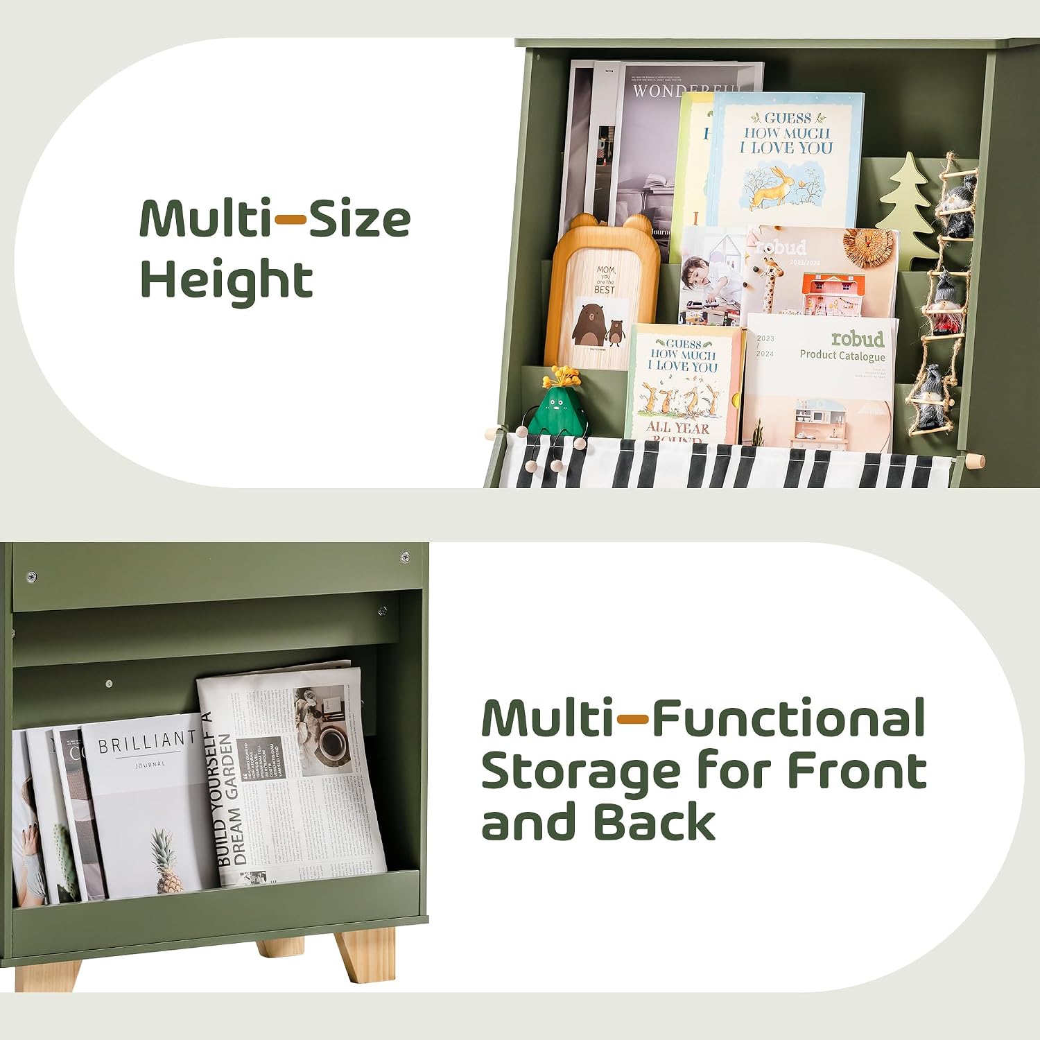 ROBOTIME 4-Tier Kids Bookshelf - Toddler Bookshelf for Classrooms, Playrooms, and Nursery - Wooden Kids Bookcase Front and Back Storage, Children Book Rack for Boys, Girls (Green)