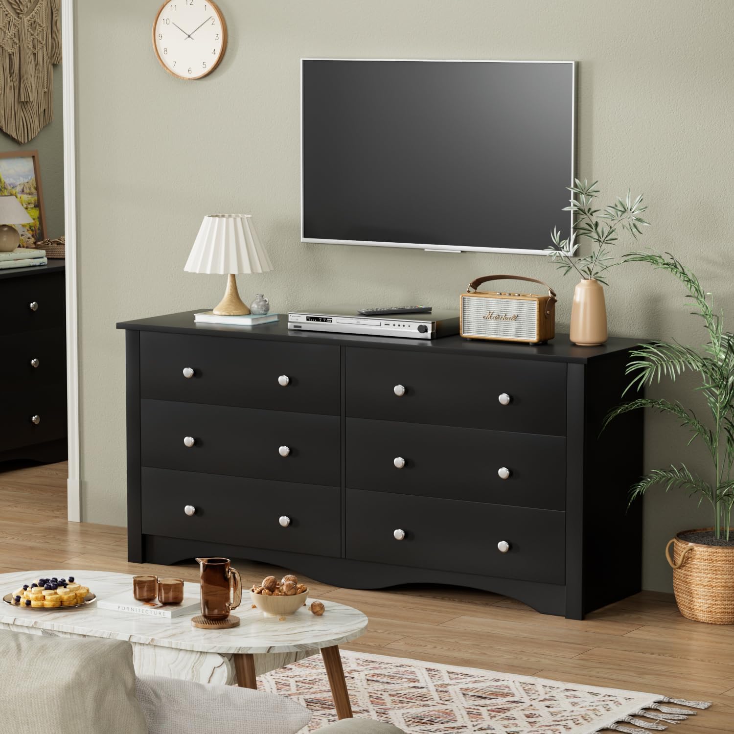 YESHOMY Dresser for Bedroom with 6 Drawer, Wood Wide Chest Storage Organizer and TV Stand for Living Room, Hallway, Dormitory, Black