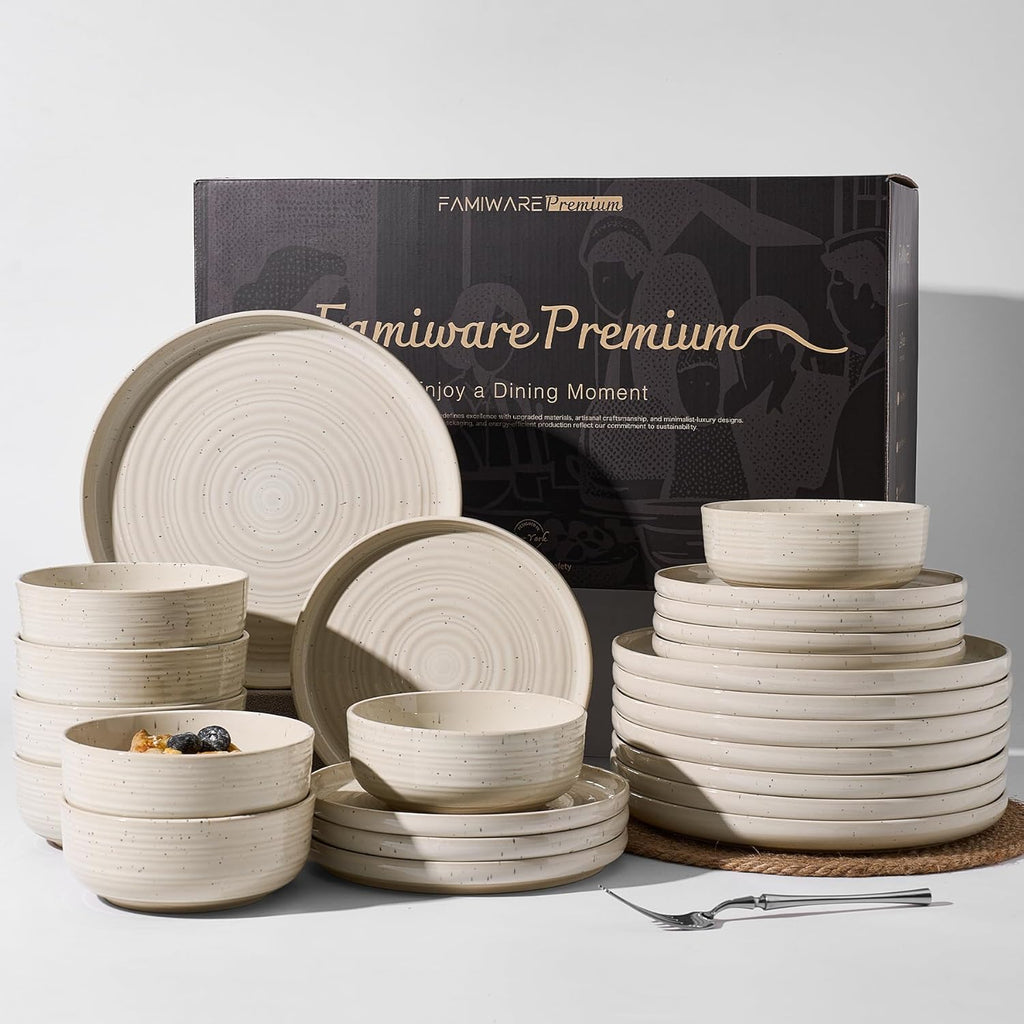 24-Piece Stoneware Reactive Glaze Dinnerware Set, Flared Plates & Bowls with Speckles & Spirals, Chip & Scratch Resistant Dishes, Dishwasher Safe, Service for 8, Gift Box, Shell Beige