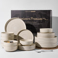 24-Piece Stoneware Reactive Glaze Dinnerware Set, Flared Plates & Bowls with Speckles & Spirals, Chip & Scratch Resistant Dishes, Dishwasher Safe, Service for 8, Gift Box, Shell Beige