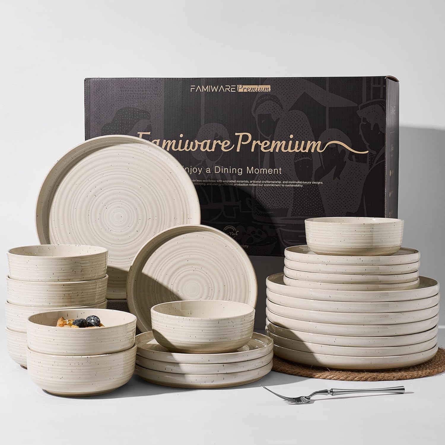 24-Piece Stoneware Reactive Glaze Dinnerware Set, Flared Plates & Bowls with Speckles & Spirals, Chip & Scratch Resistant Dishes, Dishwasher Safe, Service for 8, Gift Box, Shell Beige