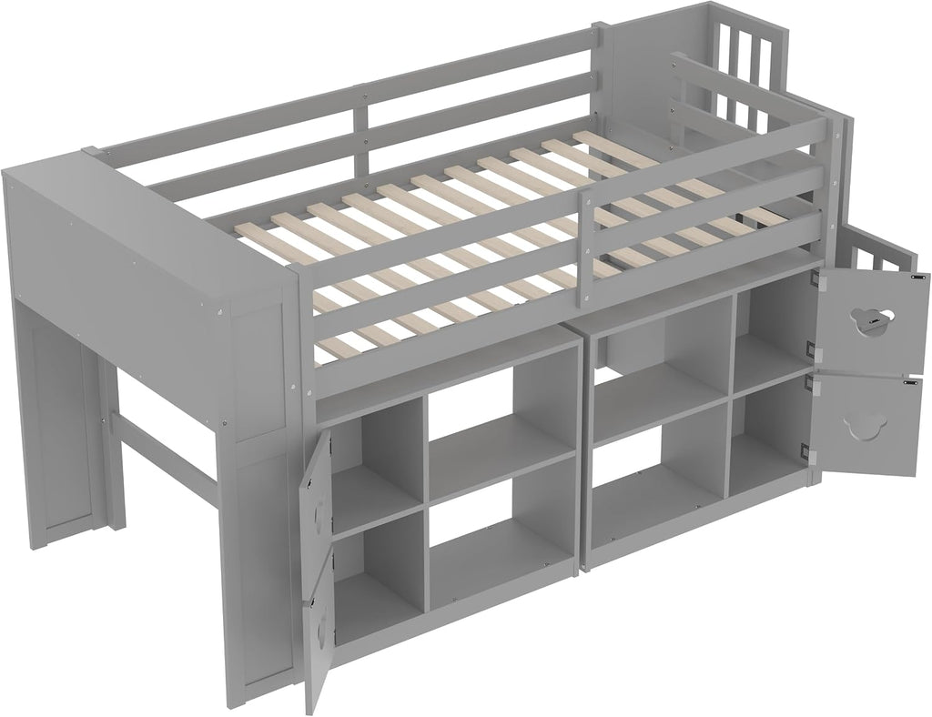 JIVOIT Twin Size Low Loft Bed with Open Shelves, Storage Cabinets, Storage Headboard and Stair, Full-Length Guardrails, No Box Spring Needed (Grey, 50)