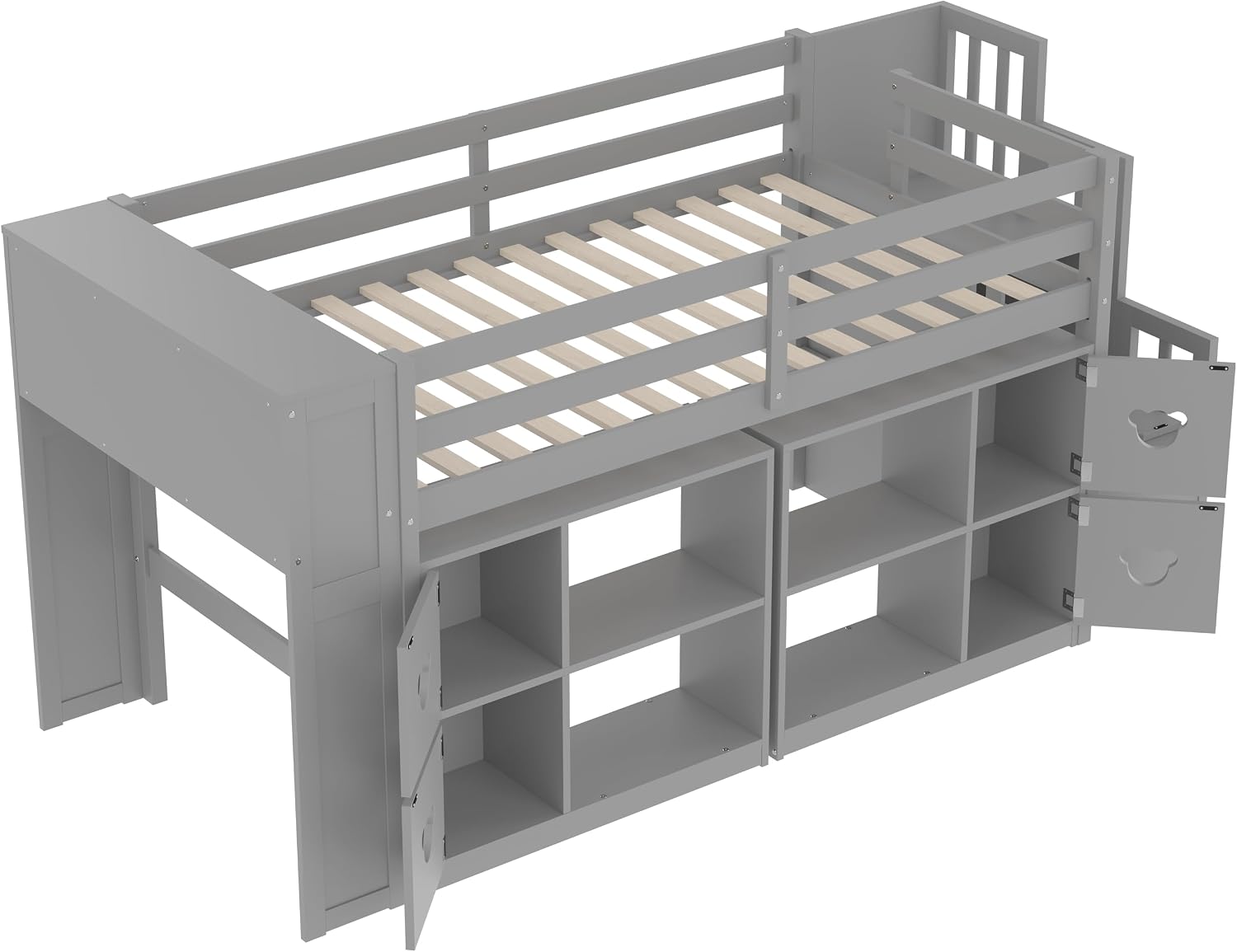 JIVOIT Twin Size Low Loft Bed with Open Shelves, Storage Cabinets, Storage Headboard and Stair, Full-Length Guardrails, No Box Spring Needed (Grey, 50)
