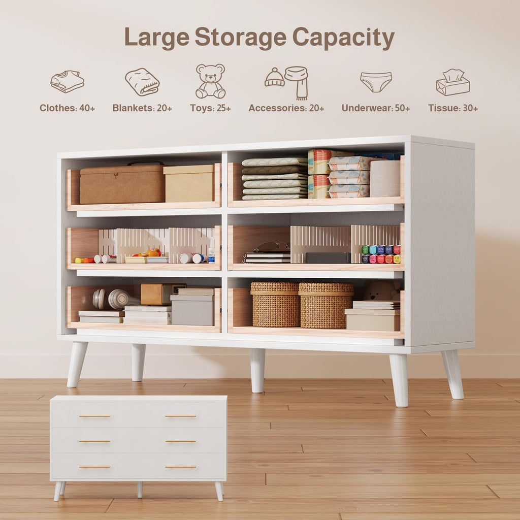 Ahomly 6 Drawer Dresser for Bedroom, 47.5' Wide Chest of Drawers with Metal Handles and Anti-Tip Kit, Large Capacity Storage Dresser for Living Room, Entryway, or Nursery, White