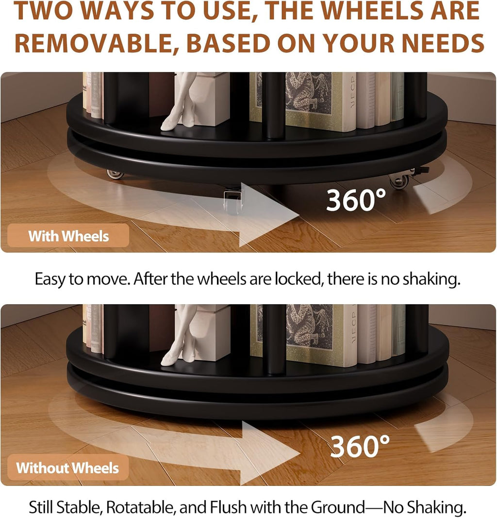 Muwuele Solid Wood Rotating Bookshelf on Wheels, 4 Tier, Round Revolving Bookcase, 360° Spinning Book Shelf Tower for Kids, Narrow Rolling Bookshelves for Small Space, Corner, Bedroom, Office, Black