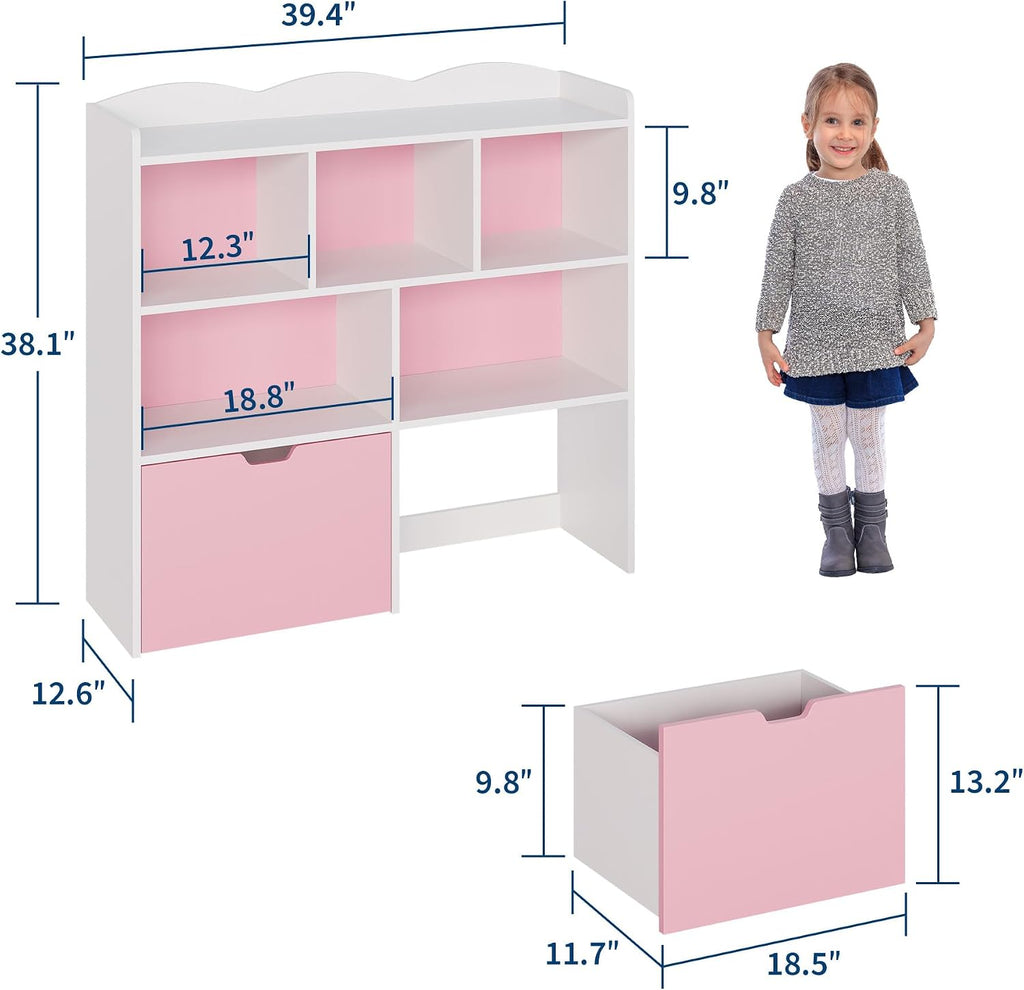 IDEALHOUSE Toy Storage Organizer with Movable Drawers, Kids Bookshelf with Hidden Wheels and 5 Open Cubbies, Multifunctional Storage Cabinet Chest for Playroom