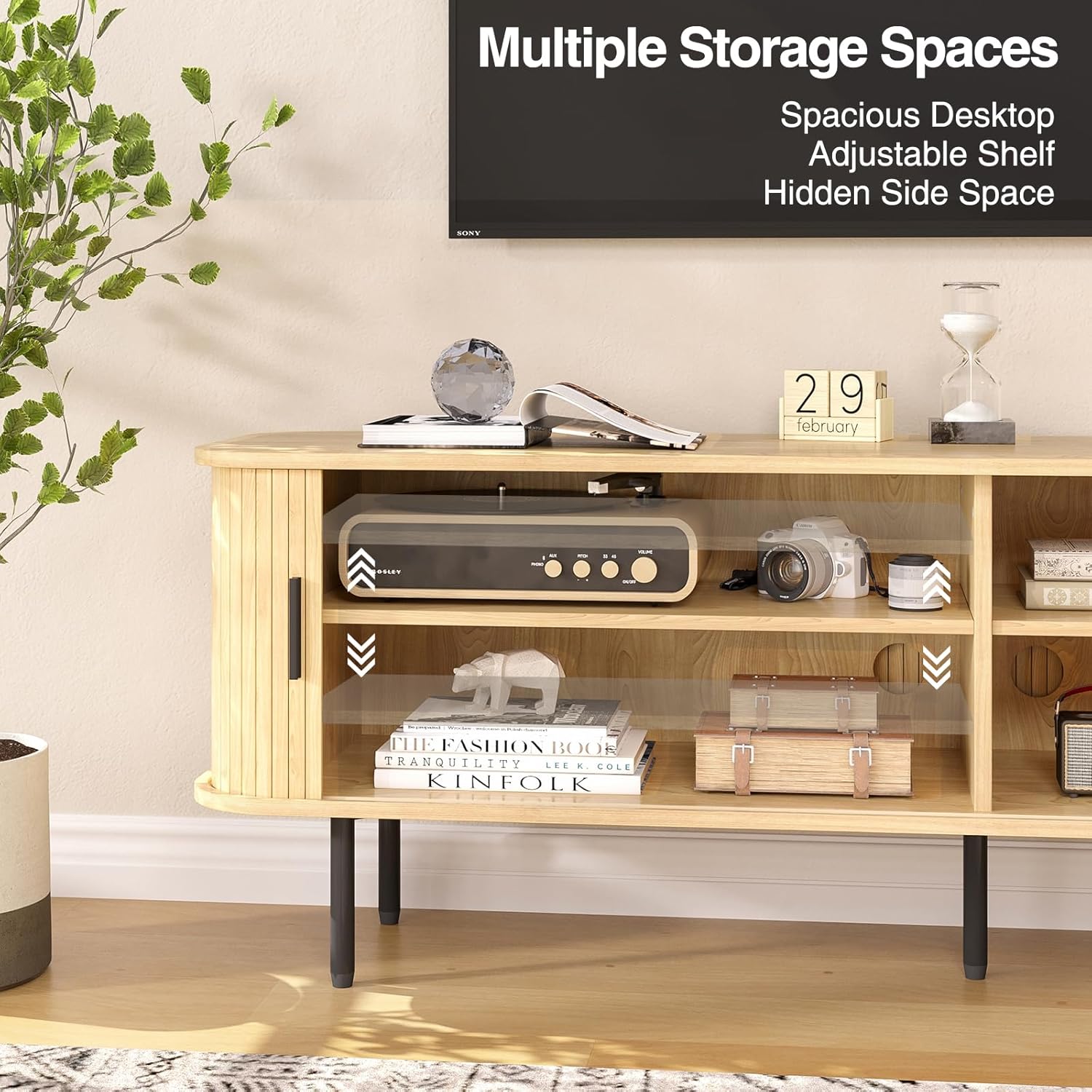 FiveWillowise 47' Natural Fluted TV Stand for TVs up to 60 Inch, Gaming Entertainment Center with Tambour Slatted Sliding Doors and Storage Cabinet, Media TV Consoles Table for Living Room, Office