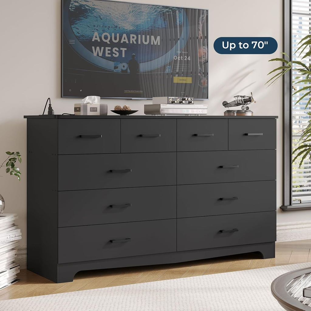 DICTAC Black Dresser for Bedroom with 10 Drawers, Large Chest of Drawers Storage Organizer, Long Dresser TV Stand with Power Outlets, Wide Dressers for Bedroom, Living Room 55.1' W x 32.3' H x 15.8' D