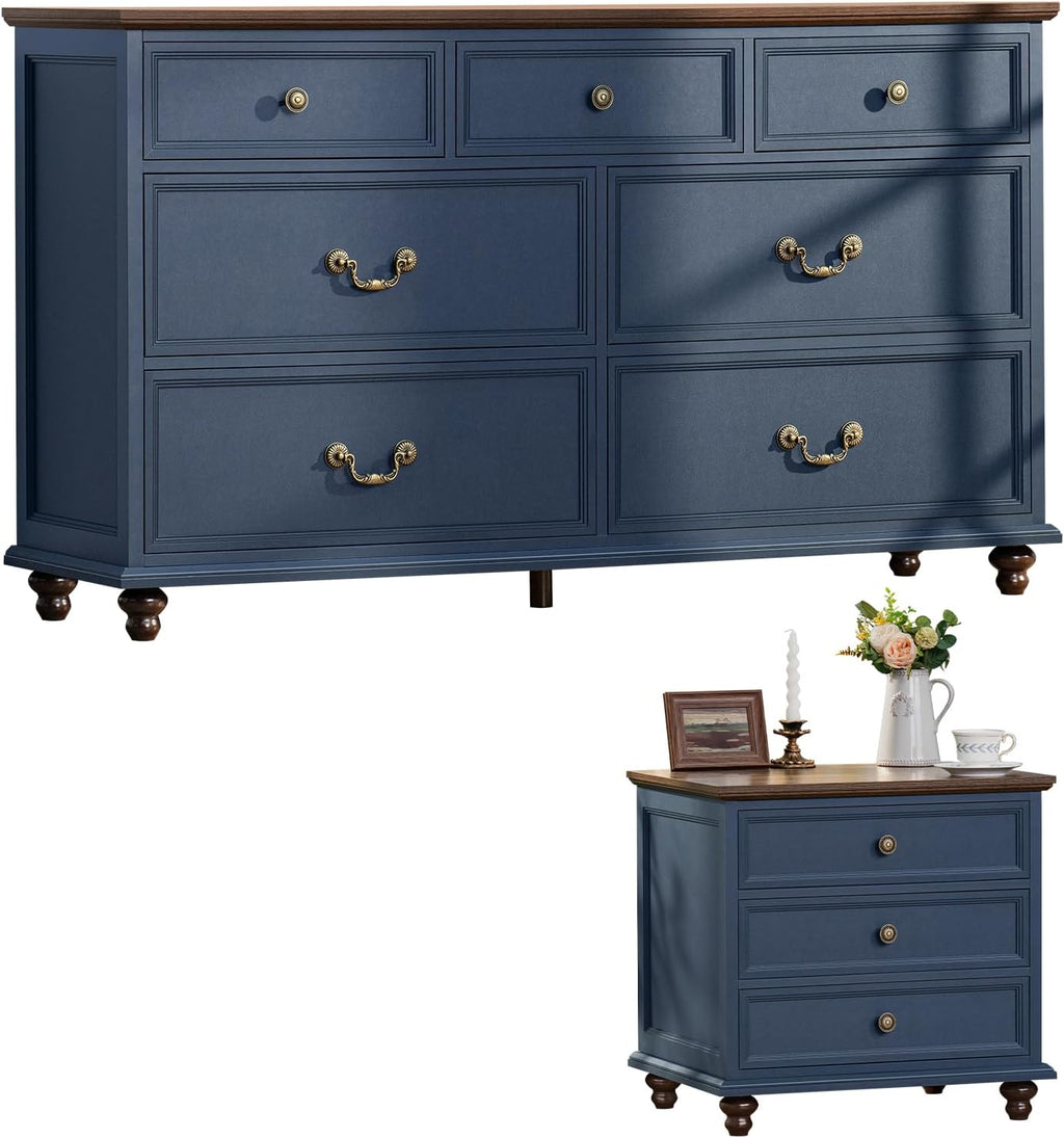 Joaxswe Farmhouse Dresser and Nightstand Sets, Wooden 7 Drawers Dresser & 24' Night Stand with 3 Drawers, 2 Piece Bedroom Furniture Set, Chest of Drawers for Bedroom, Home, Living Room, Hallway
