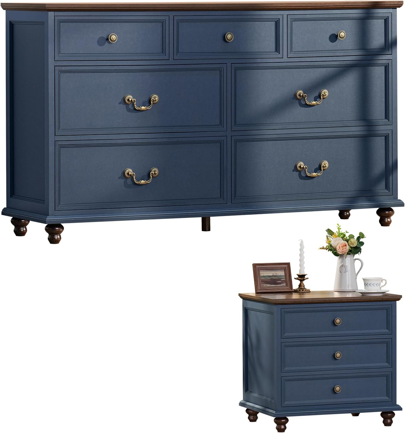 Joaxswe Farmhouse Dresser and Nightstand Sets, Wooden 7 Drawers Dresser & 24' Night Stand with 3 Drawers, 2 Piece Bedroom Furniture Set, Chest of Drawers for Bedroom, Home, Living Room, Hallway