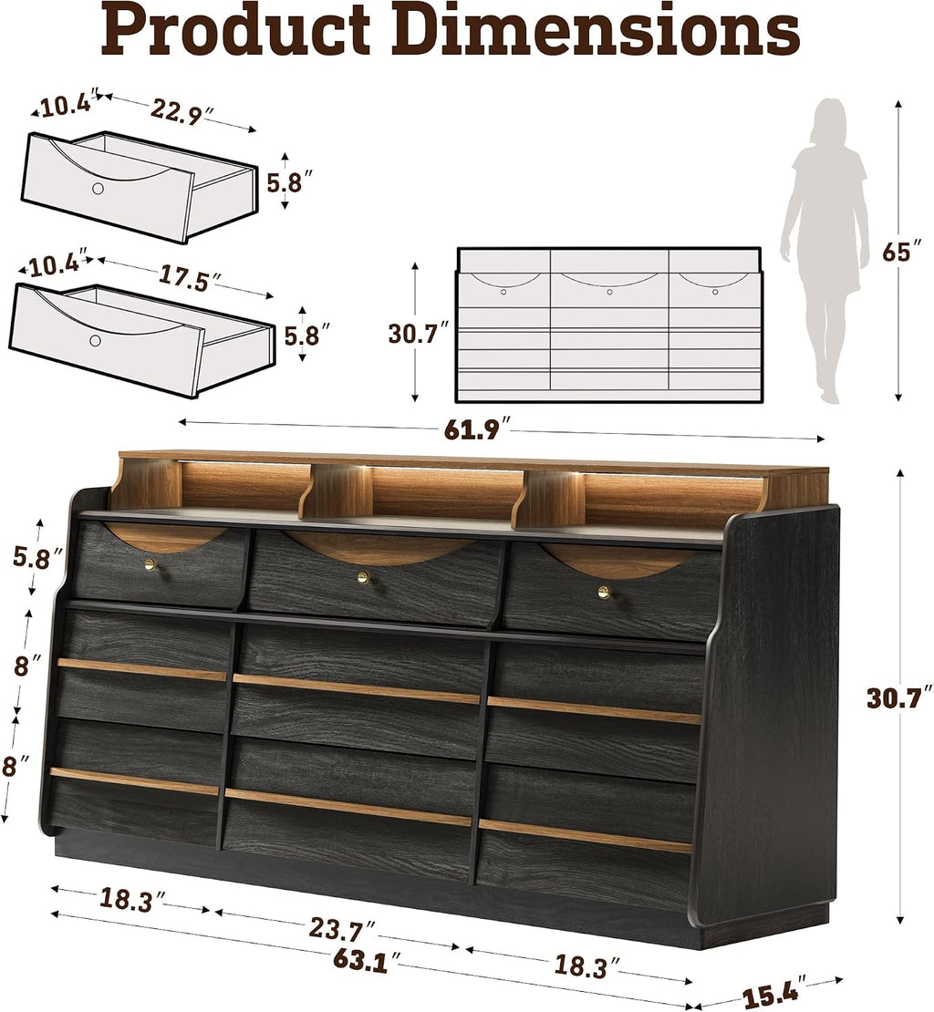 63' W 9-Drawer Black Dresser for Bedroom, Modern Wood Chest of Drawers w/LED Light, Round Knobs & Solid Wood Handles, Long Wooden Dresser TV Stand w/Shelf for TVs up to 75', Curved Profile Design