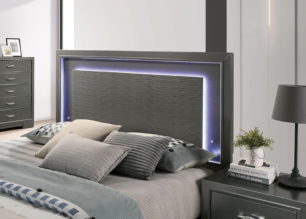 MASARA Contemporary 3-Piece Bedroom Set with Textured Headboard Panel, Platform Bed paired with Two Nightstands, Metallic Gray, (Full)