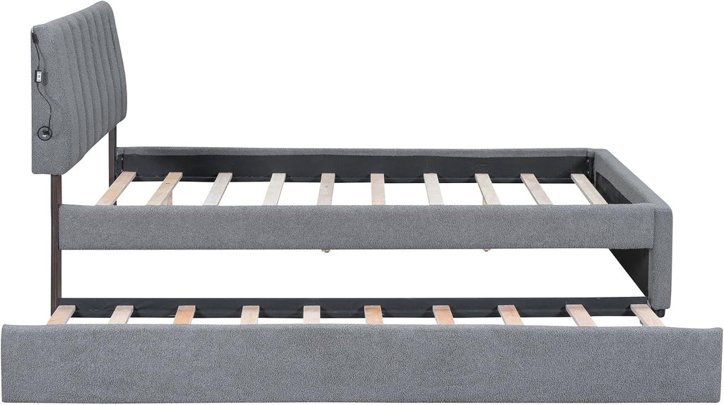Teddy Fleece Full Size Upholstered Platform Bed Frame for Boys Girls Kids Adults Toddler with Trundle, Gray