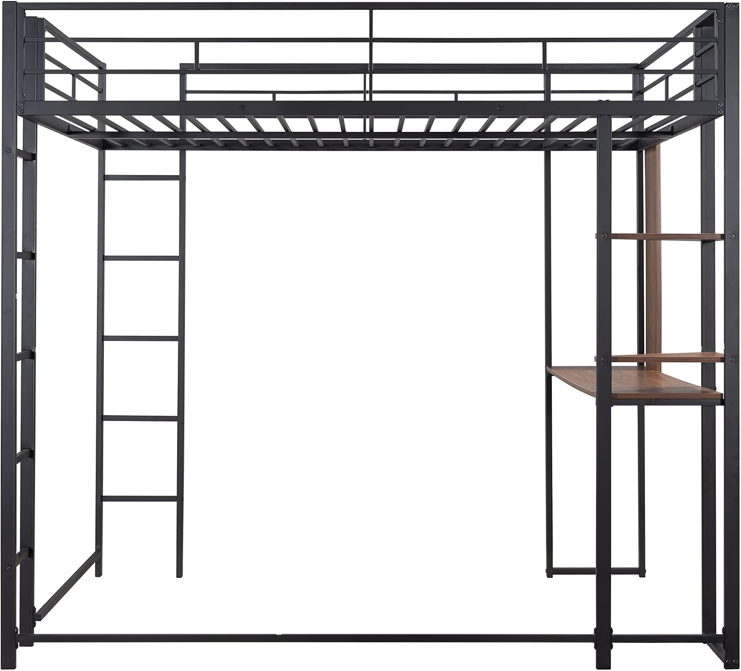 Full Size Loft Bed with 2 Shelves and Desk, Metal Structure Bed Frame with Build-in Ladders and Safety Guardrail for Dorm, Bedroom, Guest Room, No Box Spring Needed (Black-02, Full)