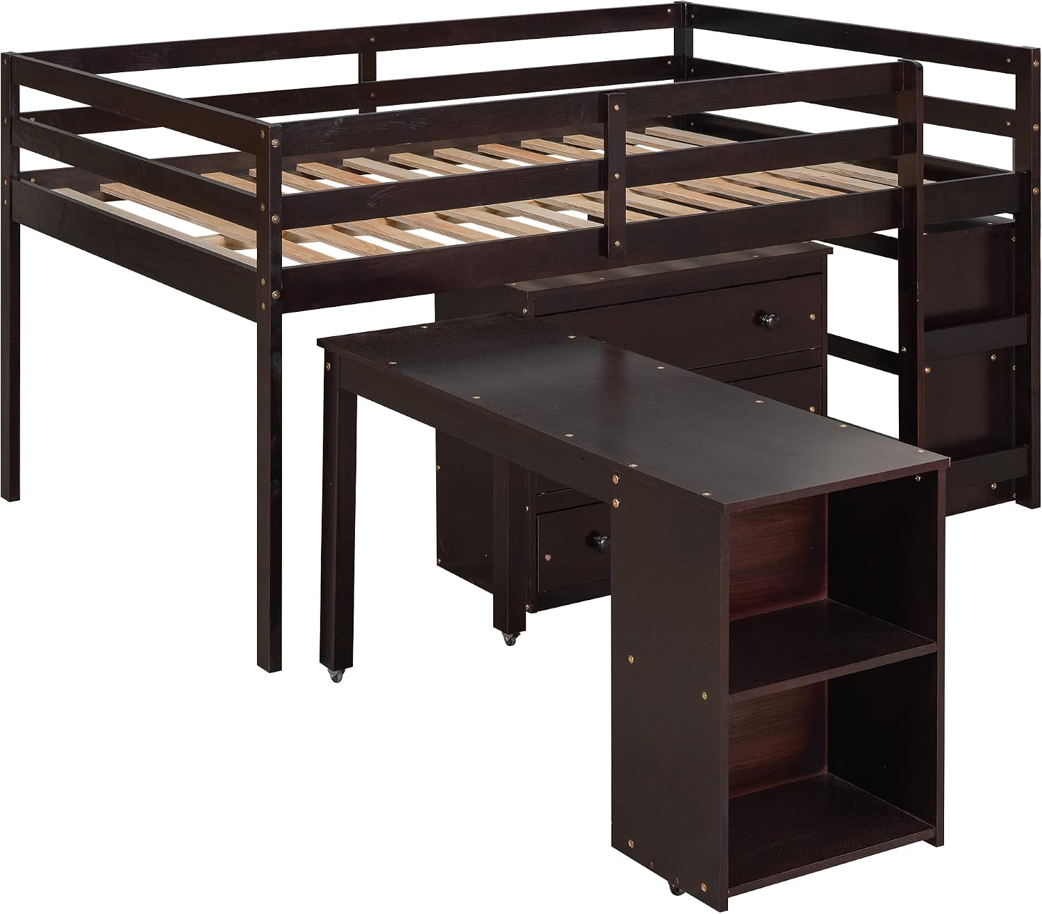 Full Size Low Loft Bed with Rolling Portable Desk, Wooden Loft Bed with Cabinet/Bookshelf/Drawers/Open Shelves for Kids Teens Adults, No Box Spring Required (Espresso-Full-Rolling Portable Desk)