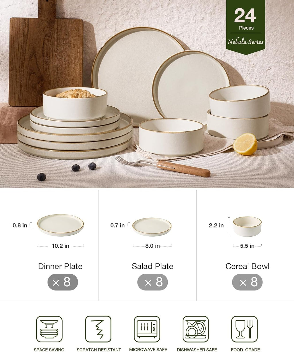 Famiware Nebula Plates and Bowls Sets, 24 Pieces Stoneware Dinnerware Sets, Reactive Glaze Dish Set, Dishes Set for 8, Matte Beige White with Brown Rim