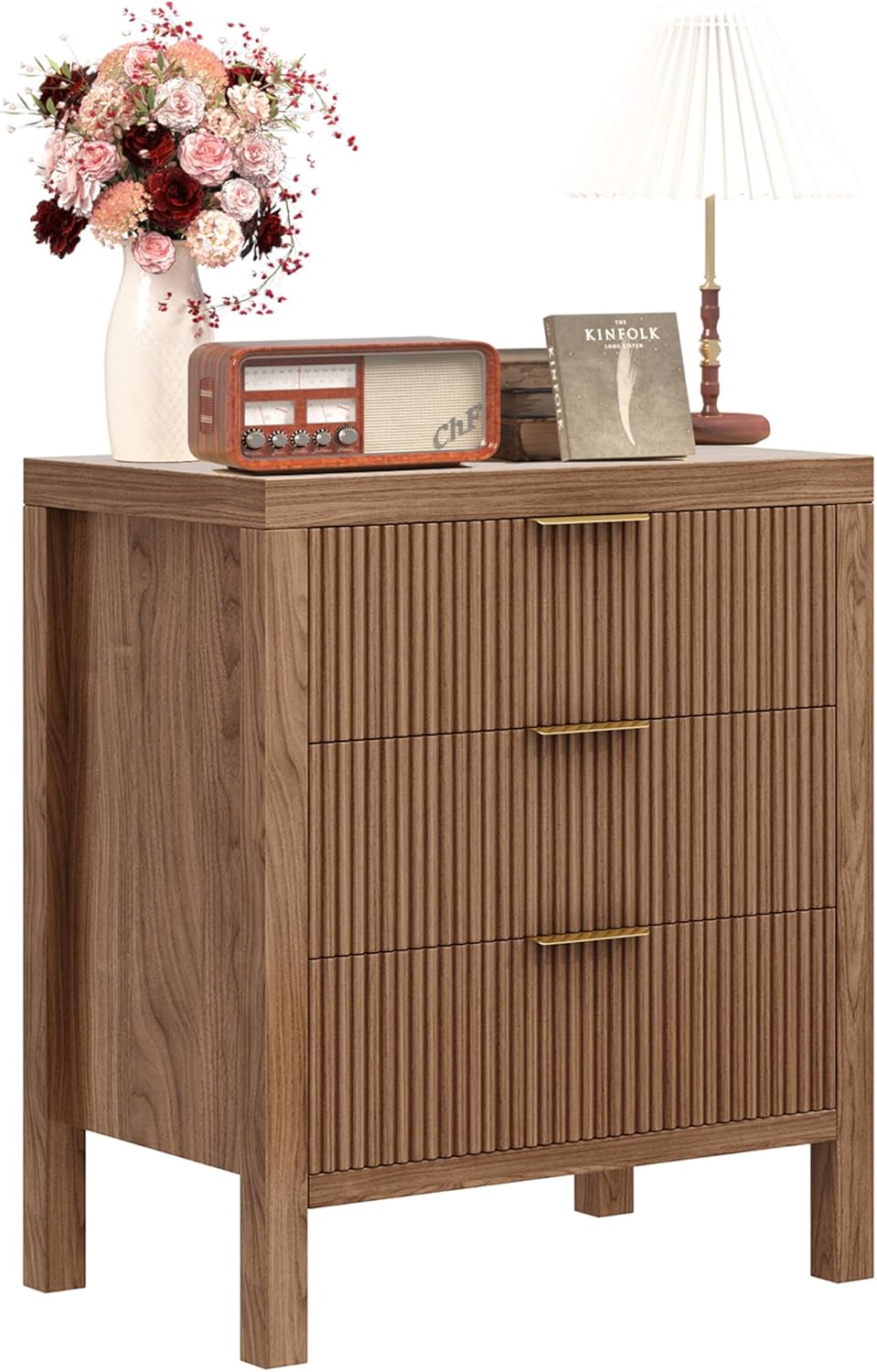 Nightstand with 3 Drawers, Dresser and Nightstand Sets, Bedside Tables, Mid Century Nightstands with 3 Wide Drawers for Bedroom, Kids' Room, Hallway - Walnut