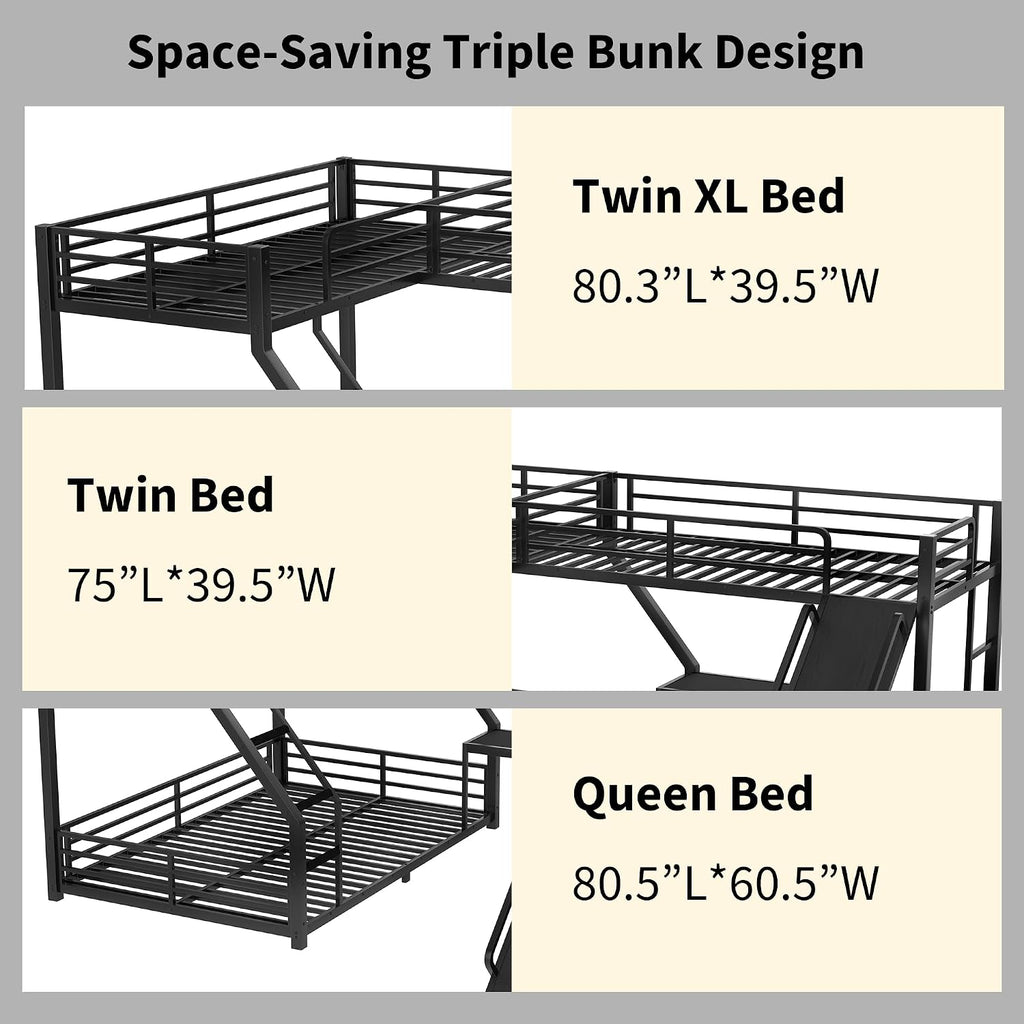Polibi Space-Saving L-Shaped Metal Triple Bunk Bed, Twin XL Over Queen with Twin Loft Bed, Bunk Bed with Slide and USB Ports, Sturdy Frame with Noise-Free Design for Kids, Teens, Adults, Black