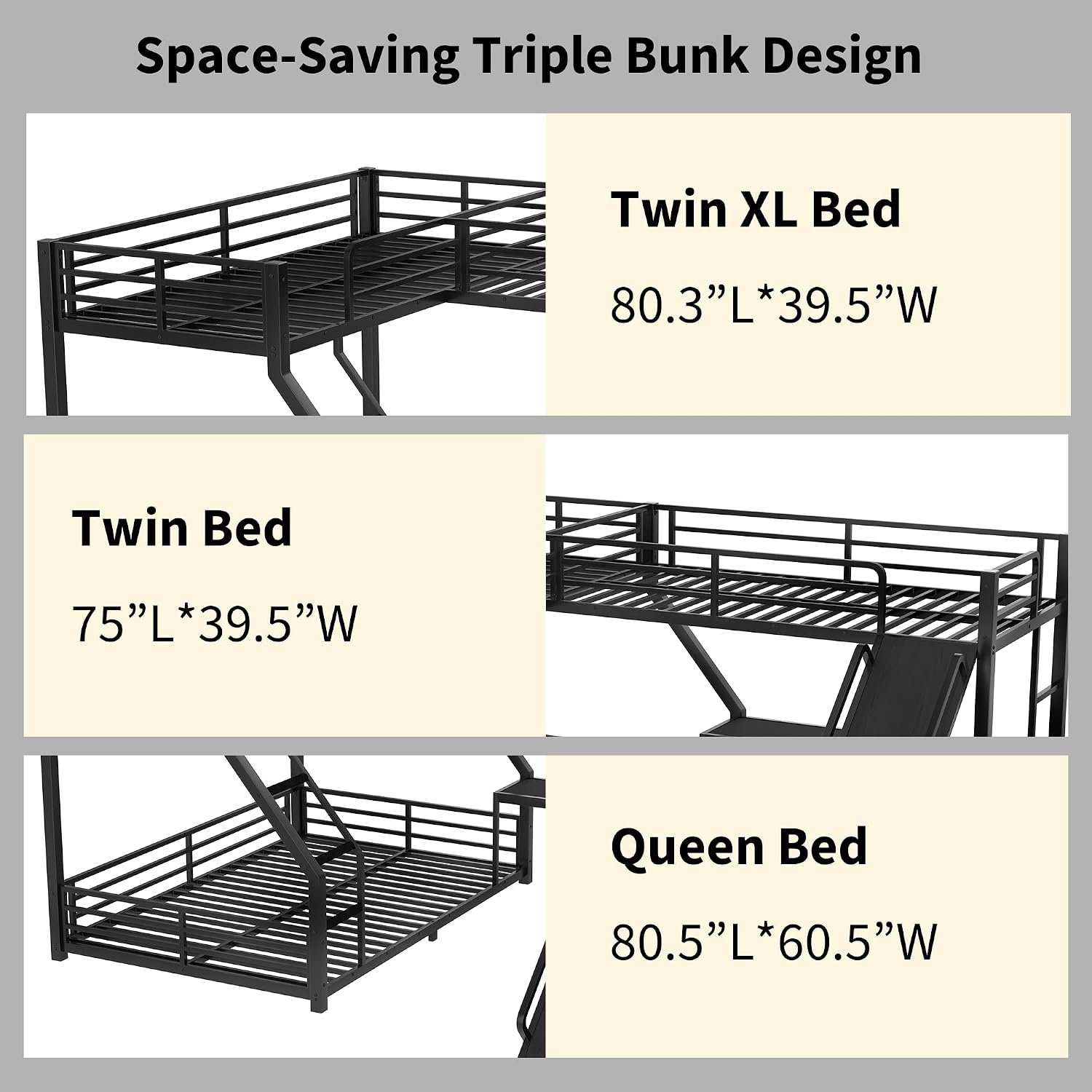 Polibi Space-Saving L-Shaped Metal Triple Bunk Bed, Twin XL Over Queen with Twin Loft Bed, Bunk Bed with Slide and USB Ports, Sturdy Frame with Noise-Free Design for Kids, Teens, Adults, Black